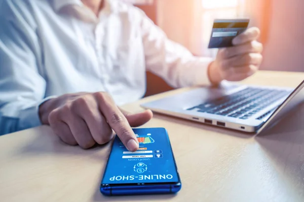 Young Man Use Credit Card Shopping Payment Online Laptop Computer — Stock Photo, Image