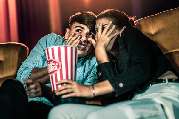 Couple Lovers Watching Movie Shock Eyes Close Movie Theater Cinema — Stock Photo, Image