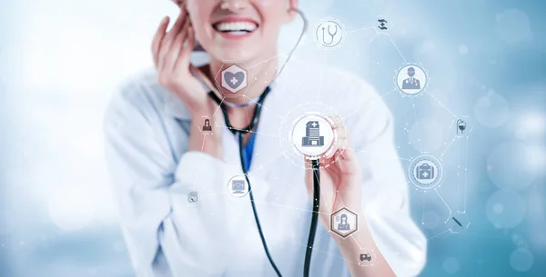 Lékařské Zdravotnické Koncepce Doktor Nemocnici Digitálním Lékařské Ikony Grafický Banner — Stock fotografie