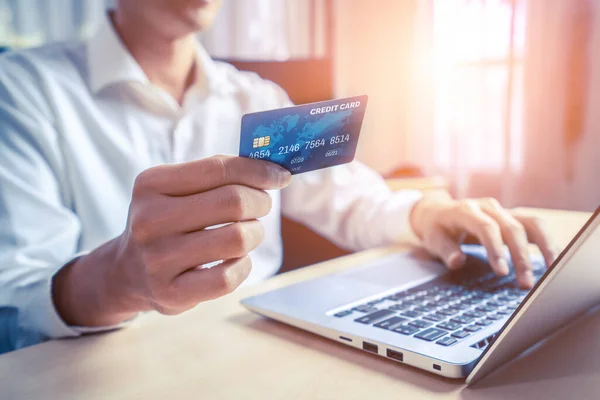 Young Man Use Credit Card Shopping Payment Online Laptop Computer — Stock Photo, Image