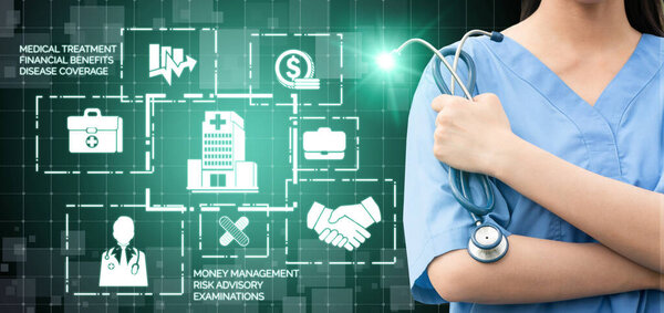 Концепция медицинского страхования - врач в больнице с иконкой медицинского страхования графический интерфейс, показывающий медицинских работников, денежное планирование, управление рисками, медицинское лечение и покрытие пособия
.