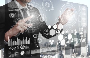 İş Mali Analitik Konsepti için Büyük Veri Teknolojisi. Modern grafik arayüzü ekranda iş satış raporu, kâr tablosu ve hisse senedi eğilimleri analizi hakkında devasa bilgiler gösteriyor.
