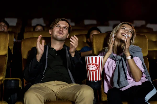 Caucasian Lover Audience Sitting Them Enjoying Watch Movie Cinema — Stock Photo, Image