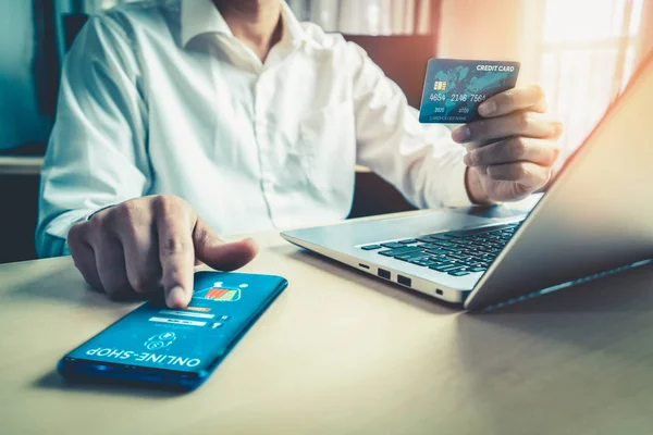 Young Man Use Credit Card Shopping Payment Online Laptop Computer — Stock Photo, Image