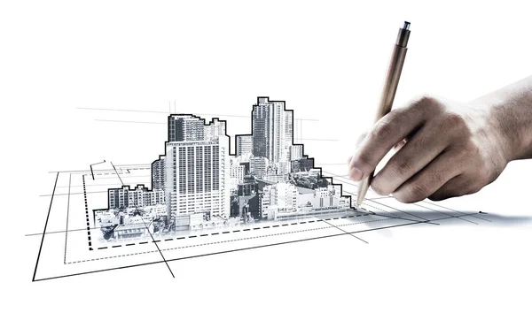 City civil planning and real estate development - Architect people looking at abstract city sketch drawing to design creative future city building. Architecture dream and ambition concept.