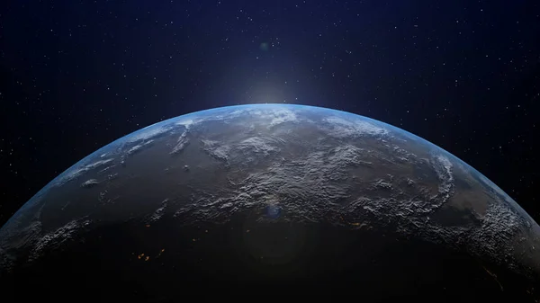 现实的地球行星 日出在地平线上 3D渲染图形 全球化和人的网络概念 — 图库照片