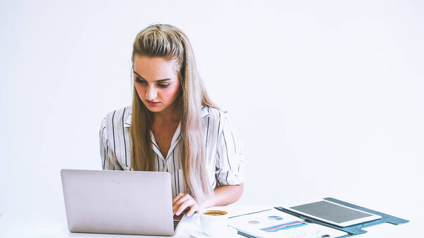 Blonde business woman working at modern office. Business concept.