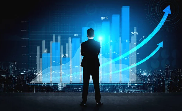事業と財務の二重露光画像 報告書を持つビジネスマンは 株式市場への投資の財務上の利益成長に前向きなチャート — ストック写真