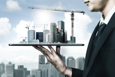 Yenilikçi mimari ve inşaat mühendisliği inşaat projesi. Profesyonel mimar, işçi ve mühendis tarafından yapılan yaratıcı grafik tasarımı altyapı şehir binası kavramını gösteriyor.