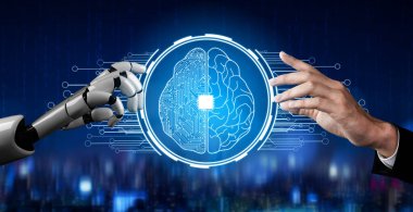 3D Rending gelecekteki robot teknolojisi geliştirme, yapay zeka yapay zeka ve makine öğrenme konsepti. İnsan hayatının geleceği için küresel robot biyonik bilim araştırması.