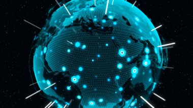 3D Dijital Dünya, yıldızlarda ve uzay arka planında dönen küresel iş dünyasındaki uluslararası insanların küresel ağ bağlantısı kavramını gösteriyor. Modern bilgi teknolojisi ve küreselleşme kavramı.