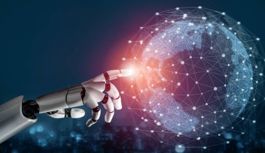 3D Rending gelecekteki robot teknolojisi geliştirme, yapay zeka yapay zeka ve makine öğrenme konsepti. İnsan hayatının geleceği için küresel robot biyonik bilim araştırması.