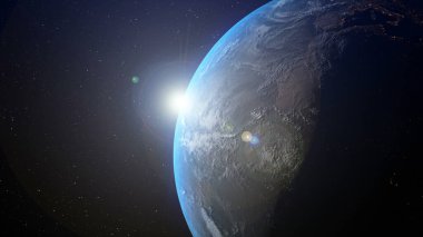 Ufukta gün doğumuyla üç boyutlu grafikle gerçekçi bir dünya gezegeni. Küreselleşme ve insanlar ağ kavramı.