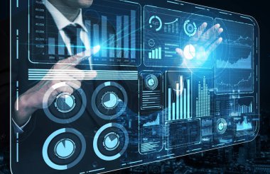 İş Mali Analitik Konsepti için Büyük Veri Teknolojisi. Modern grafik arayüzü ekranda iş satış raporu, kâr tablosu ve hisse senedi eğilimleri analizi hakkında devasa bilgiler gösteriyor.