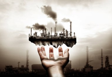 Yaratıcı grafik tasarımında gelecek fabrika ve enerji endüstrisi konsepti. Petrol, gaz ve petrokimyasal rafineri fabrikası yeni nesil enerji ve enerji sektörünü gösteriyor..