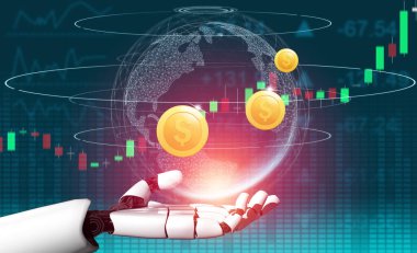 3D Rending gelecekteki robot teknolojisi geliştirme, yapay zeka yapay zeka ve makine öğrenme konsepti. İnsan hayatının geleceği için küresel robot biyonik bilim araştırması.