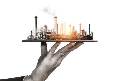 Yaratıcı grafik tasarımında gelecek fabrika ve enerji endüstrisi konsepti. Petrol, gaz ve petrokimyasal rafineri fabrikası yeni nesil enerji ve enerji sektörünü gösteriyor..