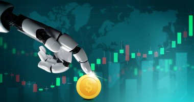 3D Rending gelecekteki robot teknolojisi geliştirme, yapay zeka yapay zeka ve makine öğrenme konsepti. İnsan hayatının geleceği için küresel robot biyonik bilim araştırması.