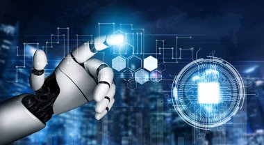 3D Rending gelecekteki robot teknolojisi geliştirme, yapay zeka yapay zeka ve makine öğrenme konsepti. İnsan hayatının geleceği için küresel robot biyonik bilim araştırması.