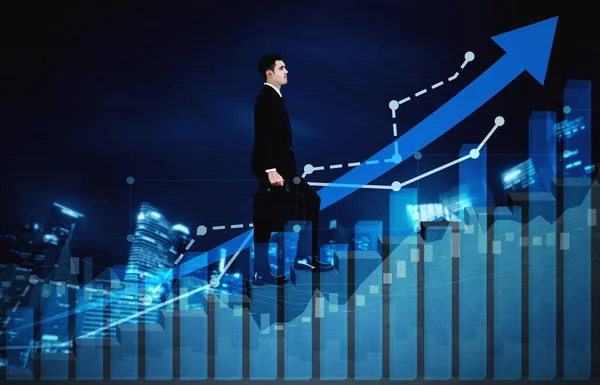 事業と財務の二重露光画像 報告書を持つビジネスマンは 株式市場への投資の財務上の利益成長に前向きなチャート — ストック写真