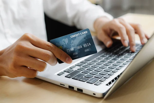 Young Man Use Credit Card Shopping Payment Online Laptop Computer — Stock Photo, Image