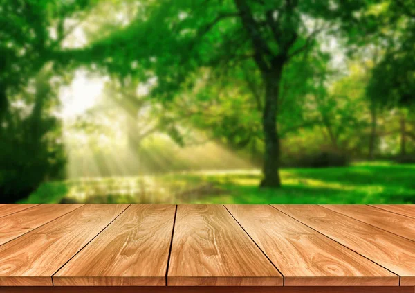 Hnědý Dřevěný Stůl Zelené Rozostřenosti Pozadí Stromů Trávy Parku Prázdným — Stock fotografie