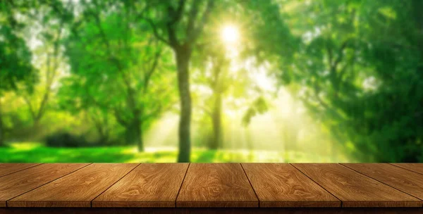 Hnědý Dřevěný Stůl Zelené Rozostřenosti Pozadí Stromů Trávy Parku Prázdným — Stock fotografie