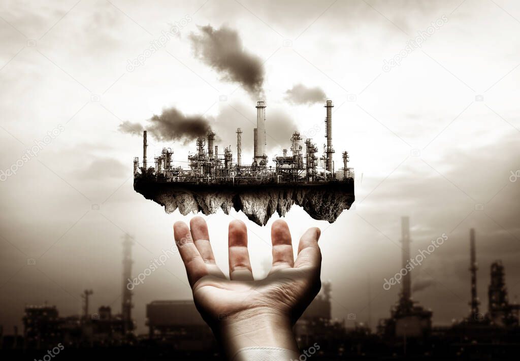 Future factory plant and energy industry concept in creative graphic design. Oil, gas and petrochemical refinery factory with double exposure arts showing next generation of power and energy business.