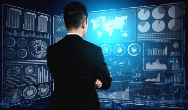 İş Mali Analitik Konsepti için Büyük Veri Teknolojisi. Modern grafik arayüzü ekranda iş satış raporu, kâr tablosu ve hisse senedi eğilimleri analizi hakkında devasa bilgiler gösteriyor.