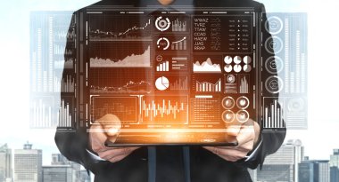 İş ve Finans Konsepti Veri Analizi. Kâr analitiği, çevrimiçi pazarlama araştırması ve dijital iş stratejisi için bilgi raporunun gelecekteki bilgisayar teknolojisini gösteren grafik arayüzü.