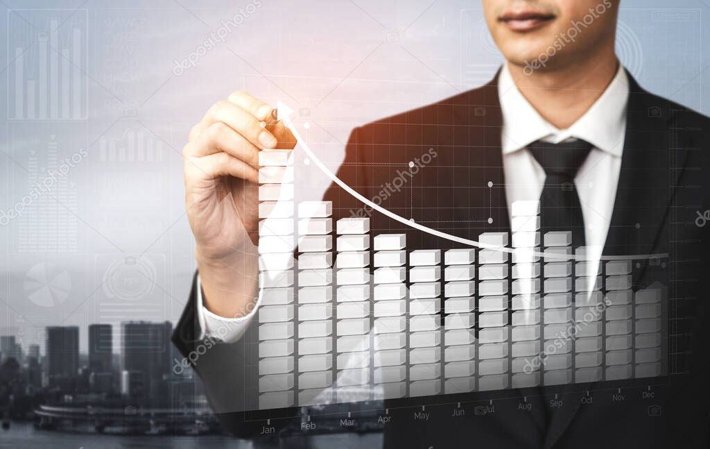 Double Exposure Image of Business and Finance - Businessman with report chart up forward to financial profit growth of stock market investment.