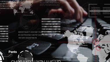 Grafik kullanıcı arayüzü GUI hologramı ile dizüstü bilgisayar klavyesinde çalışan adam büyük veri bilimi teknolojisi, dijital ağ bağlantısı ve bilgisayar programlama algoritması kavramlarını gösteriyor.