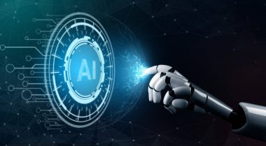 3D Rending gelecekteki robot teknolojisi geliştirme, yapay zeka yapay zeka ve makine öğrenme konsepti. İnsan hayatının geleceği için küresel robot biyonik bilim araştırması.