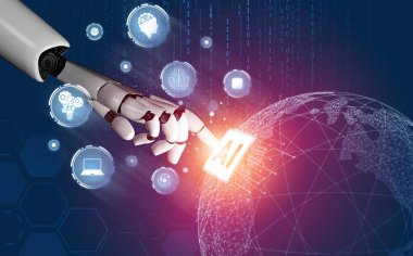 3D Rending gelecekteki robot teknolojisi geliştirme, yapay zeka yapay zeka ve makine öğrenme konsepti. İnsan hayatının geleceği için küresel robot biyonik bilim araştırması.