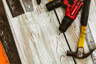 Becerikli ve marangoz için en üst düzey aletler. Ahşap işi hobisi ve Diy konsepti.