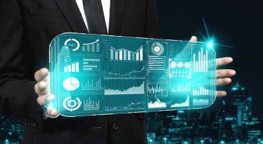 İş Mali Analitik Konsepti için Büyük Veri Teknolojisi. Modern grafik arayüzü ekranda iş satış raporu, kâr tablosu ve hisse senedi eğilimleri analizi hakkında devasa bilgiler gösteriyor.