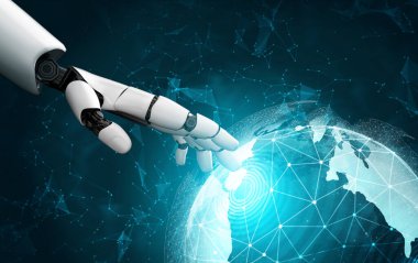 3D Rending gelecekteki robot teknolojisi geliştirme, yapay zeka yapay zeka ve makine öğrenme konsepti. İnsan hayatının geleceği için küresel robot biyonik bilim araştırması.