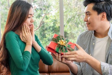 Mutlu çift yıldönümünü kutlamak için hediye veriyor. Evlilik yaşam tarzı, aşk ve ilişki kavramı.