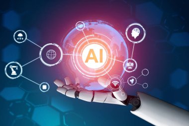 3D Rending gelecekteki robot teknolojisi geliştirme, yapay zeka yapay zeka ve makine öğrenme konsepti. İnsan hayatının geleceği için küresel robot biyonik bilim araştırması.