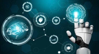 3D Rending gelecekteki robot teknolojisi geliştirme, yapay zeka yapay zeka ve makine öğrenme konsepti. İnsan hayatının geleceği için küresel robot biyonik bilim araştırması.