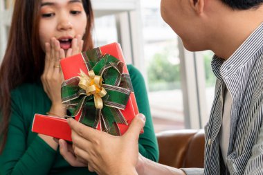 Mutlu çift yıldönümünü kutlamak için hediye veriyor. Evlilik yaşam tarzı, aşk ve ilişki kavramı.