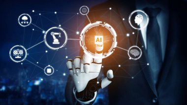 3D Rending gelecekteki robot teknolojisi geliştirme, yapay zeka yapay zeka ve makine öğrenme konsepti. İnsan hayatının geleceği için küresel robot biyonik bilim araştırması.