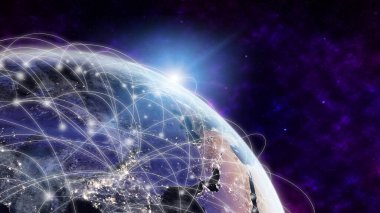 Küresel ağ, modern yaratıcı telekomünikasyon ve internet bağlantısı. 5G kablosuz dijital bağlantı ve gelecekteki şeylerin interneti kavramı.