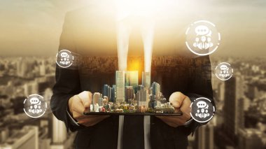 Modern yaratıcı telekomünikasyon ve internet ağı akıllı şehirde birleşiyor. 5G kablosuz dijital bağlantı ve gelecekteki şeylerin interneti kavramı.