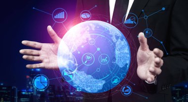 İş ve Finans Konsepti Veri Analizi. Kâr analitiği, çevrimiçi pazarlama araştırması ve dijital iş stratejisi için bilgi raporunun gelecekteki bilgisayar teknolojisini gösteren grafik arayüzü.