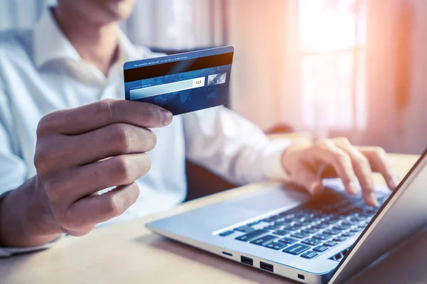 Young Man Use Credit Card Shopping Payment Online Laptop Computer — Stock Photo, Image