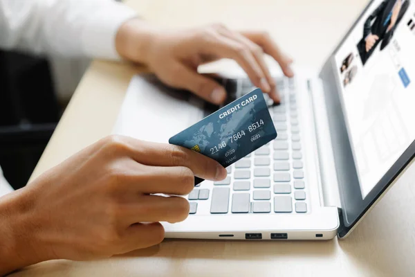 Young Man Use Credit Card Shopping Payment Online Laptop Computer — Stock Photo, Image