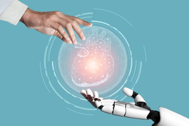3D tıbbi yapay zeka robotu geleceğin hastanesinde çalışıyor. Hasta ve biyomedikal teknoloji konsepti için gelecekteki protez sağlık hizmetleri.