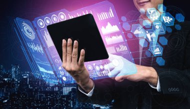 İş ve Finans Konsepti Veri Analizi. Kâr analitiği, çevrimiçi pazarlama araştırması ve dijital iş stratejisi için bilgi raporunun gelecekteki bilgisayar teknolojisini gösteren grafik arayüzü.