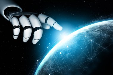 3D Rending gelecekteki robot teknolojisi geliştirme, yapay zeka yapay zeka ve makine öğrenme konsepti. İnsan hayatının geleceği için küresel robot biyonik bilim araştırması.